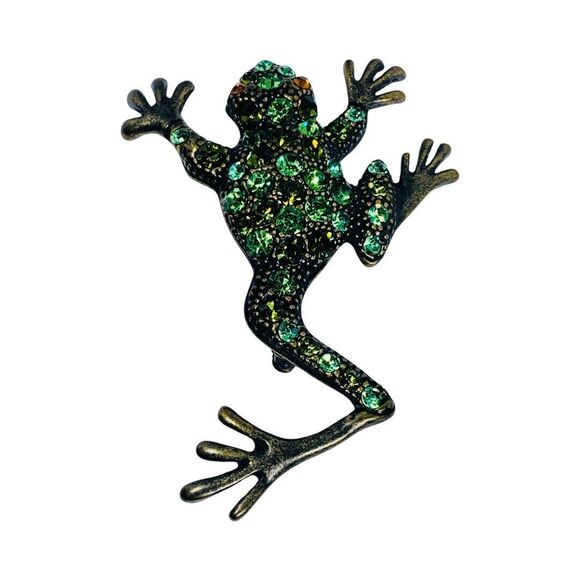 Green Crystal Frog Brooch Pin 3" Toad Whimsical Figural - Picture 6 of 10